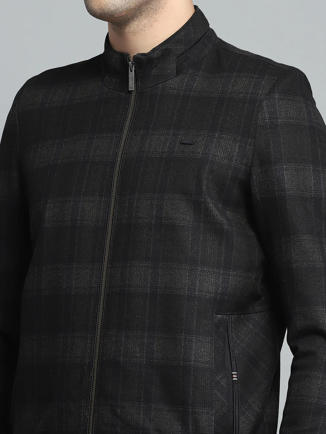Men Black Solid Band Collar Full Sleeve Jacket - Image 6