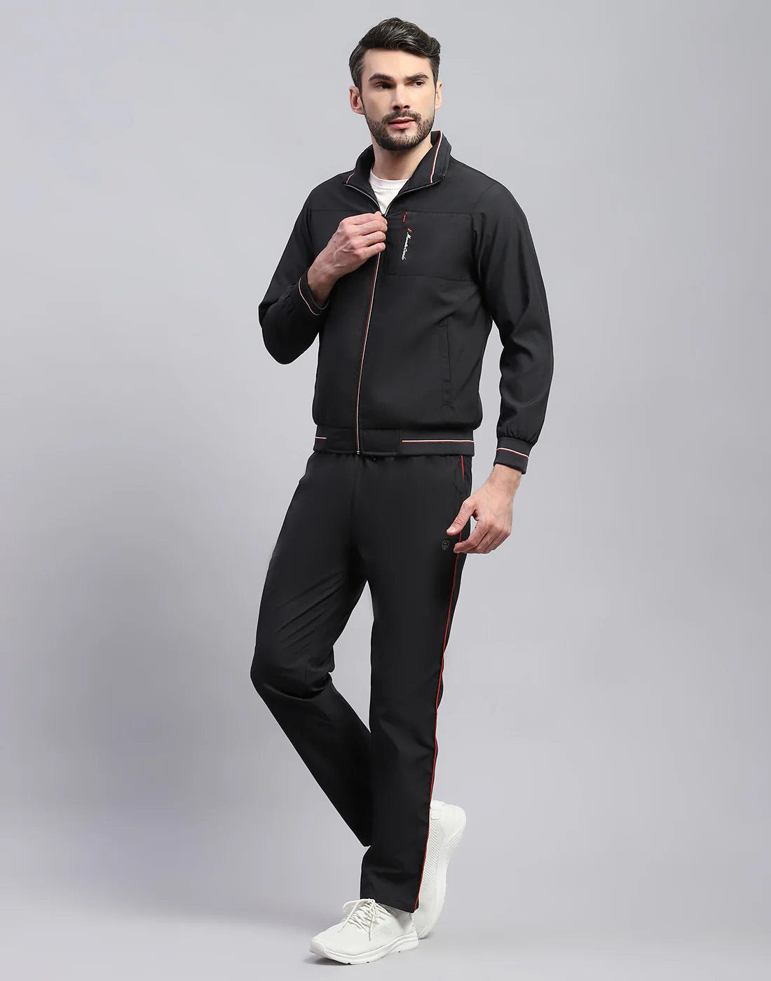 Men Black Solid Band Collar Full Sleeve Winter Tracksuit - Image 2