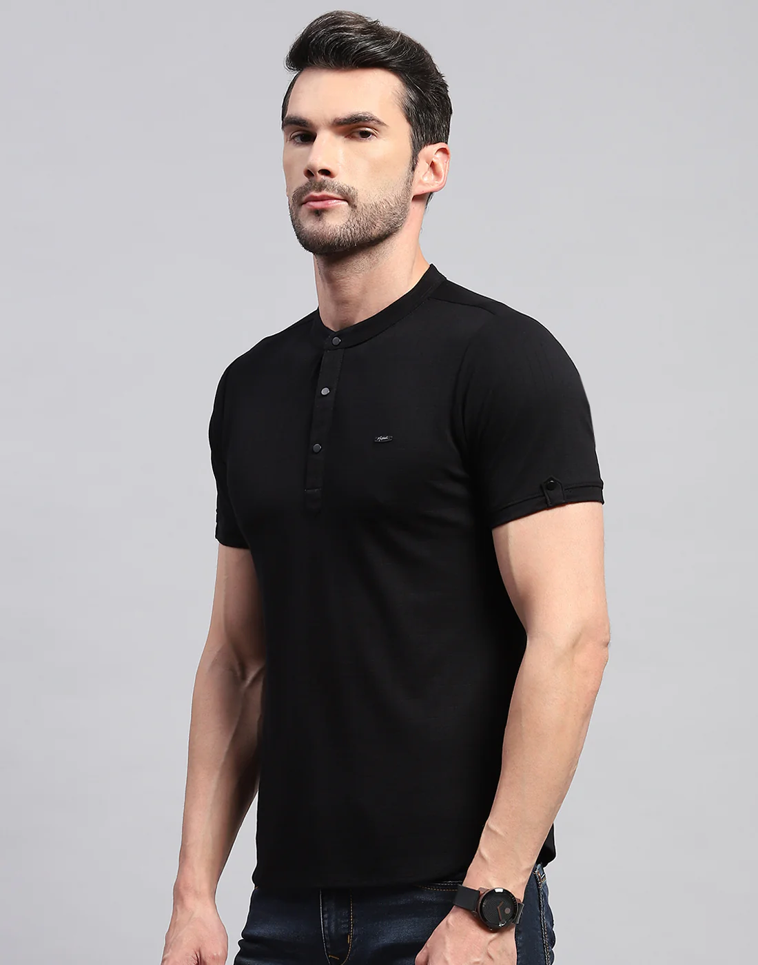 Men Black Solid Band Collar Half Sleeve T-Shirt - Image 3