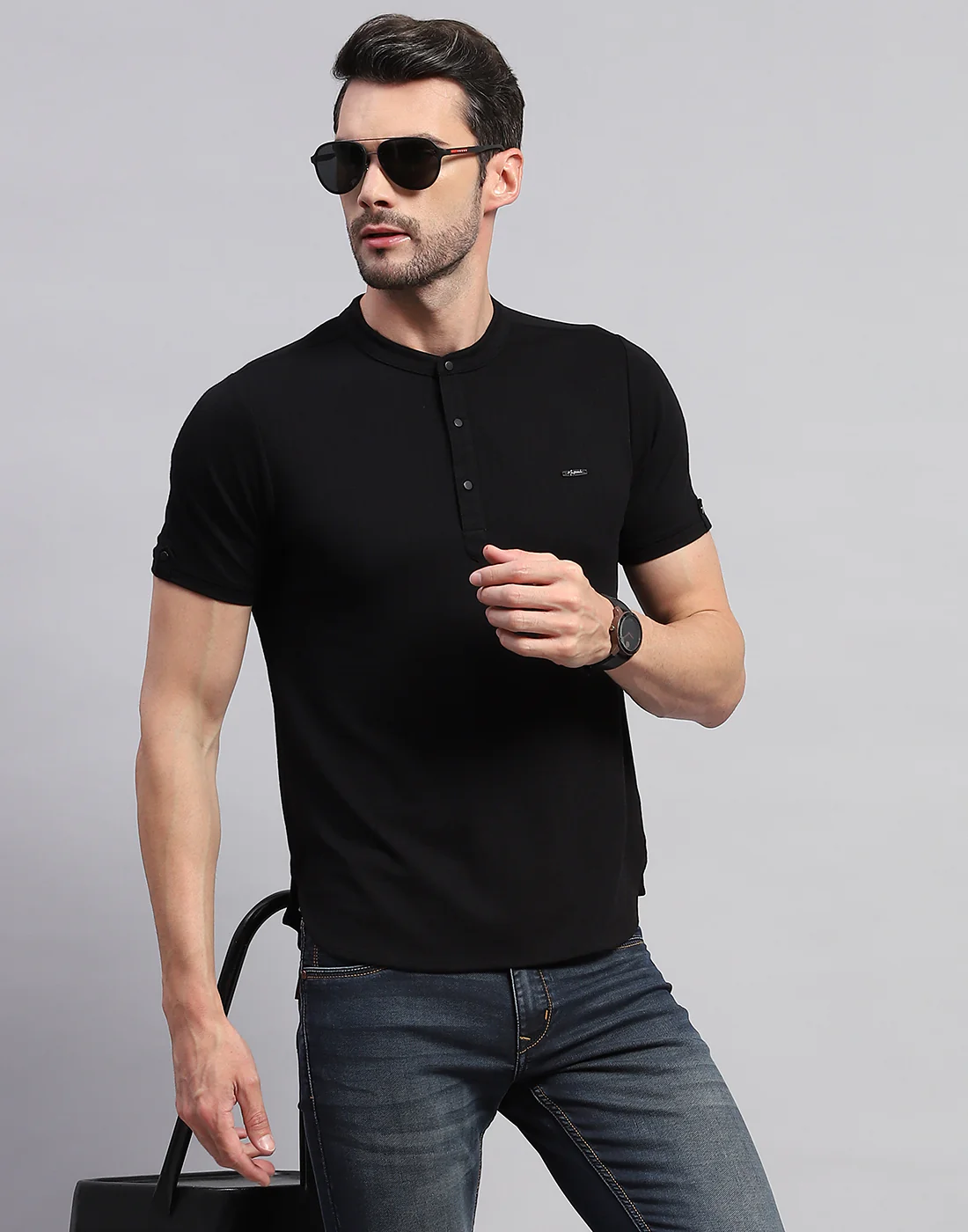 Men Black Solid Band Collar Half Sleeve T-Shirt - Image 6