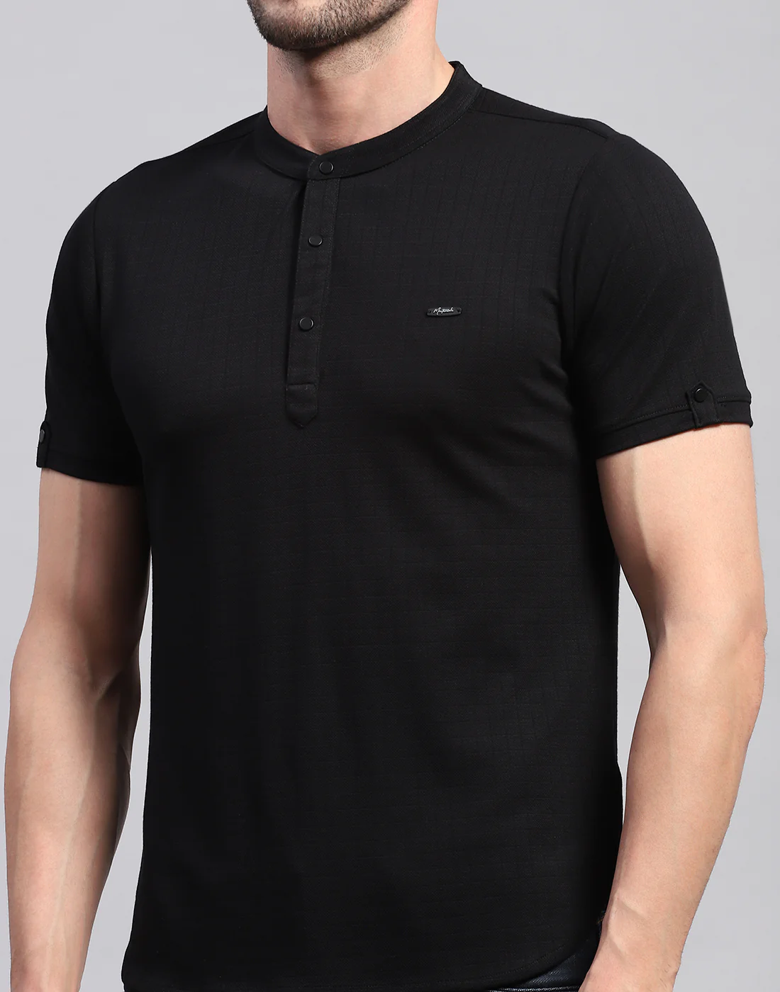 Men Black Solid Band Collar Half Sleeve T-Shirt - Image 7