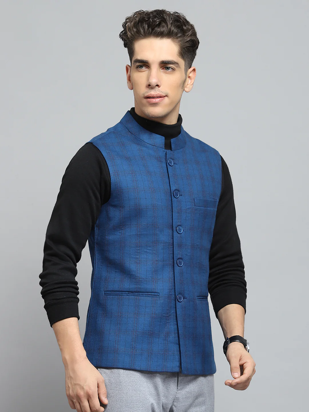 Men Black Solid Band Collar Sleeveless Jacket - Image 4