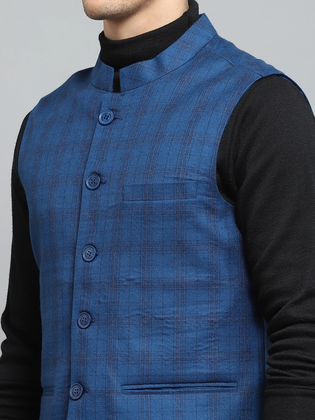 Men Black Solid Band Collar Sleeveless Jacket - Image 7