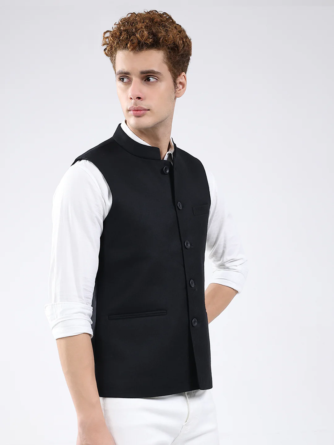 Men Black Solid Band Neck Sleeveless Jacket - Image 4
