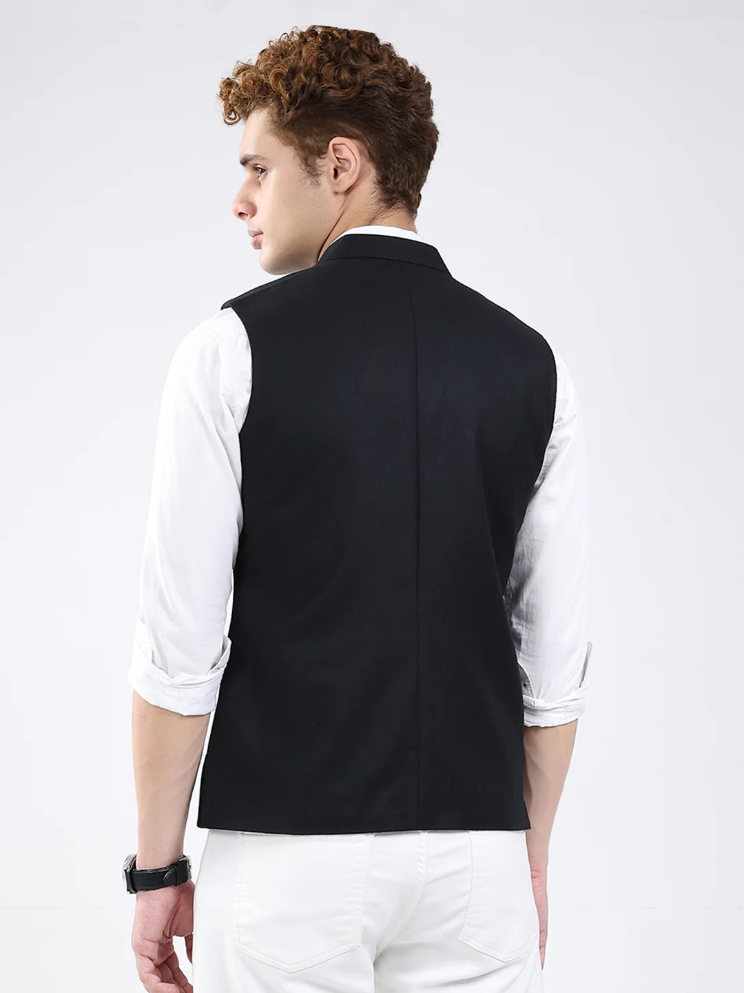 Men Black Solid Band Neck Sleeveless Jacket - Image 5