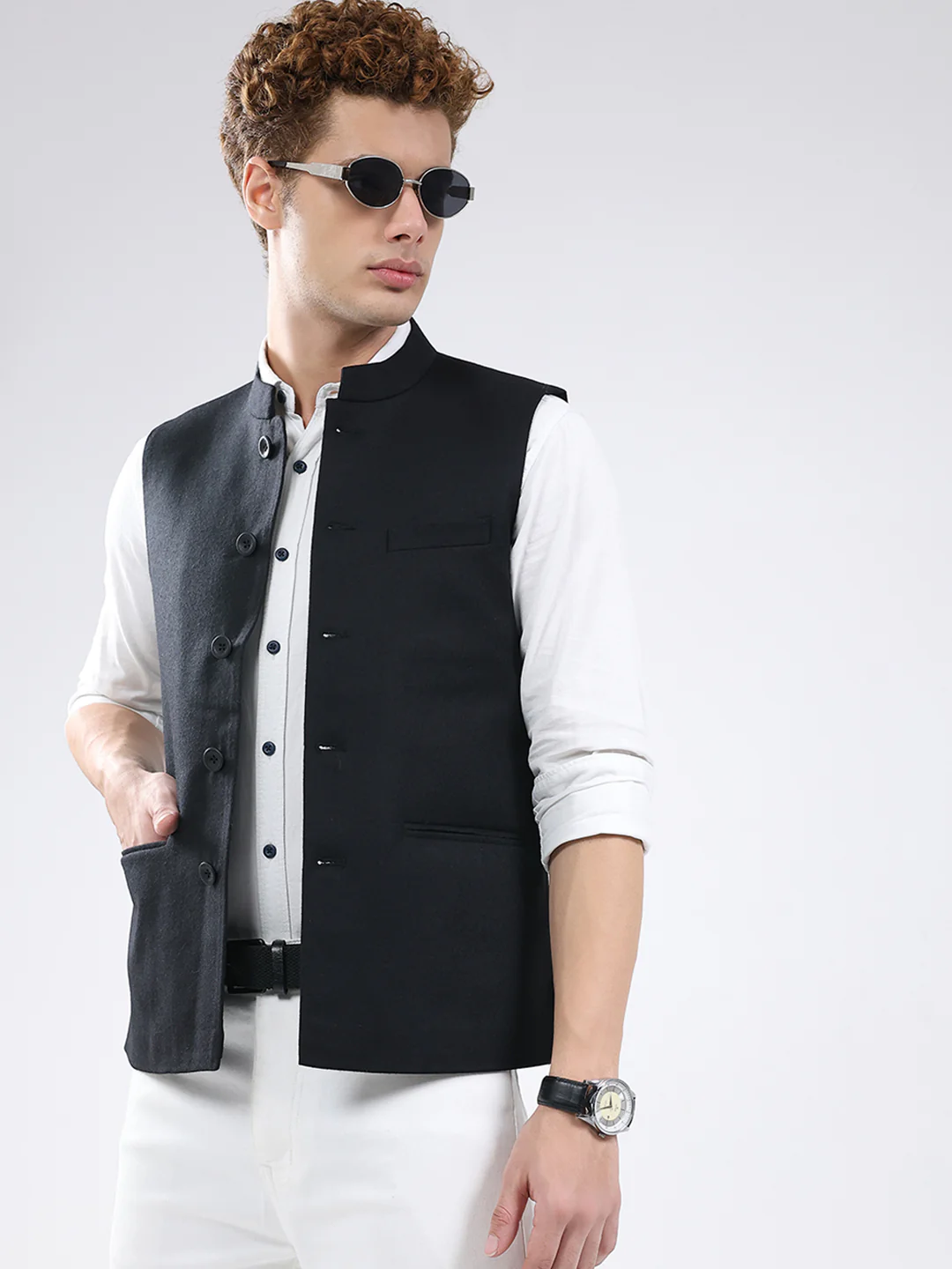Men Black Solid Band Neck Sleeveless Jacket - Image 6