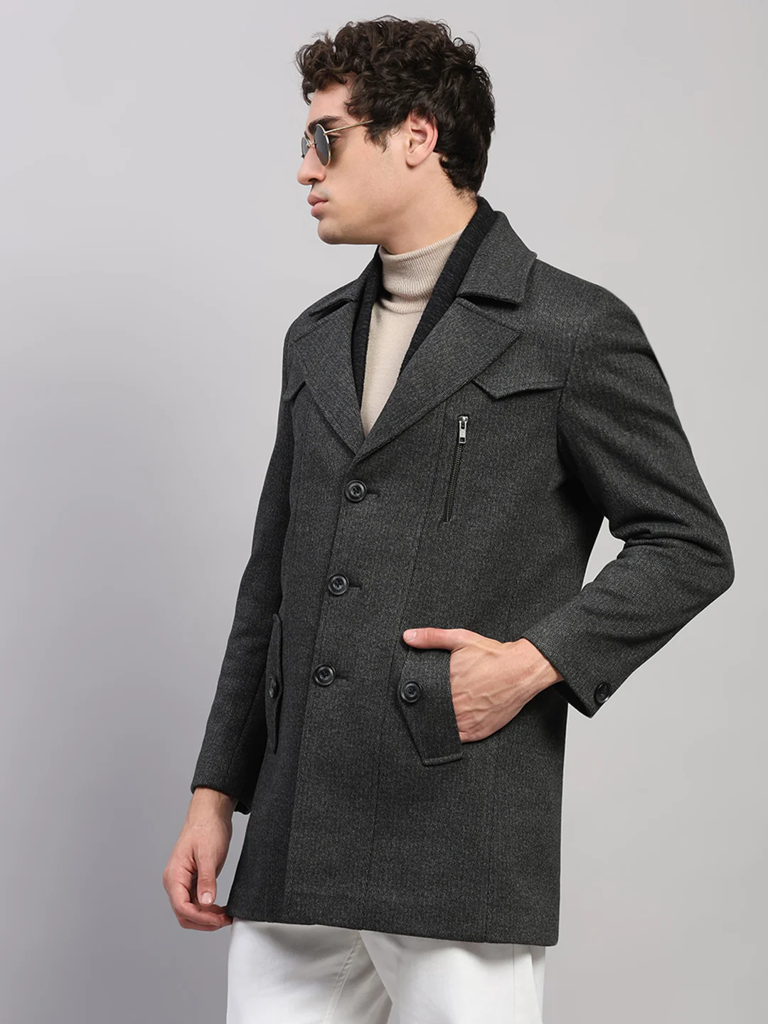 Men Black Solid Collar Full Sleeve Coat - Image 3