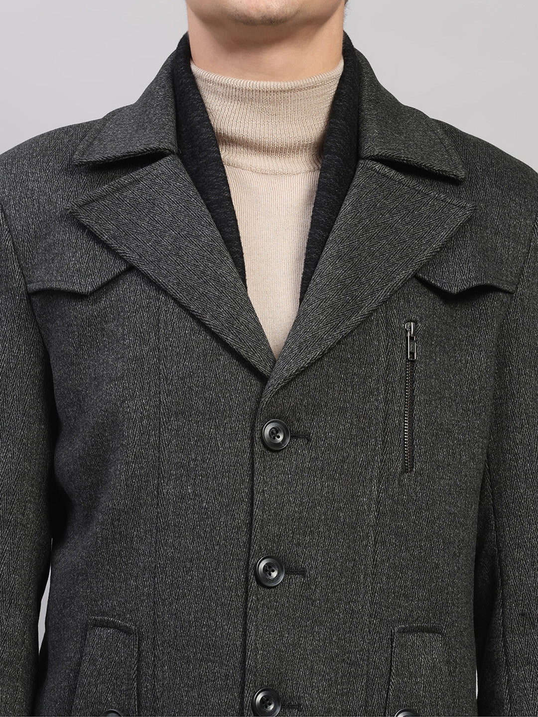 Men Black Solid Collar Full Sleeve Coat - Image 7