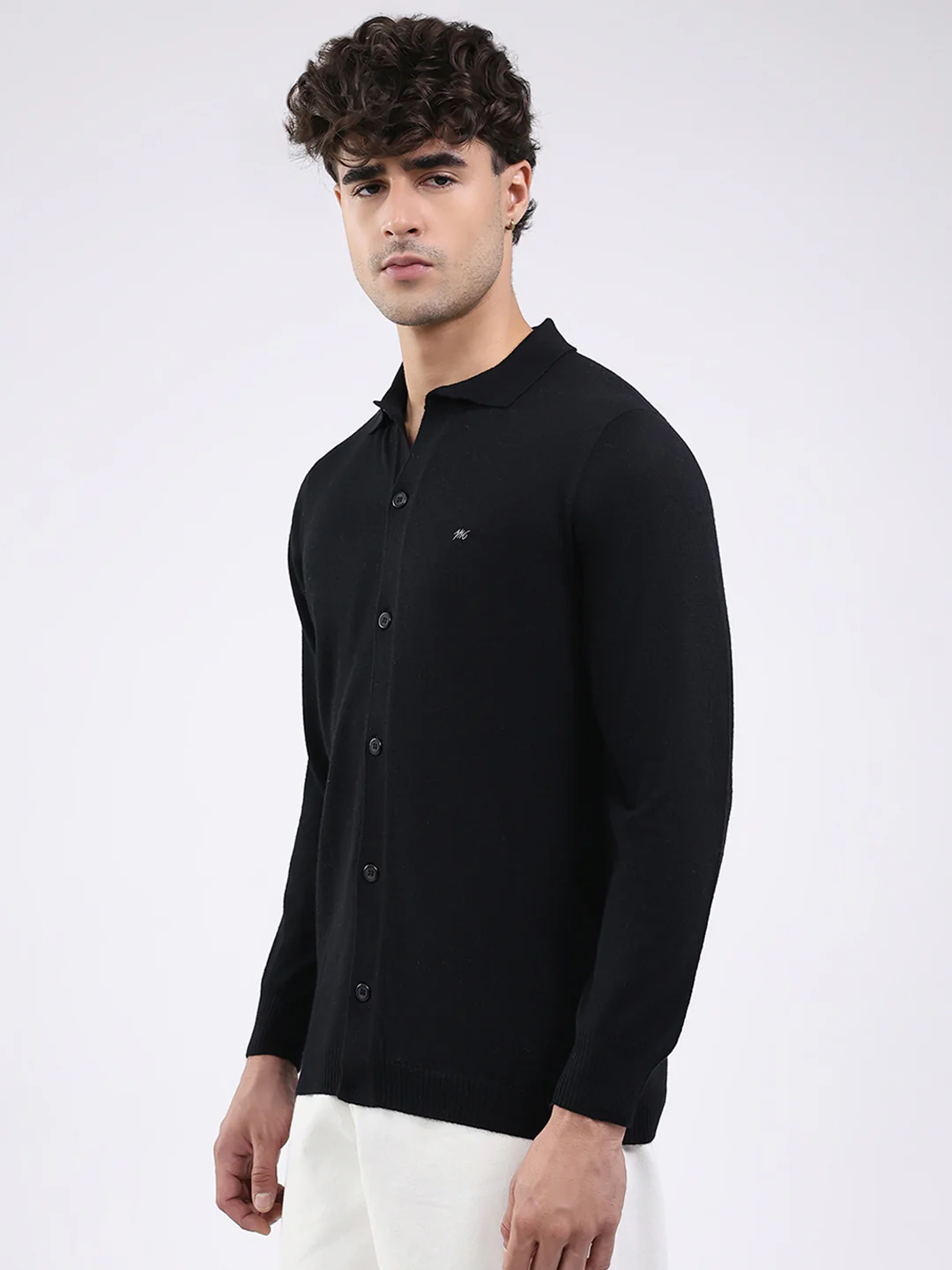Men Black Solid Collar Full Sleeve Shirt - Image 3
