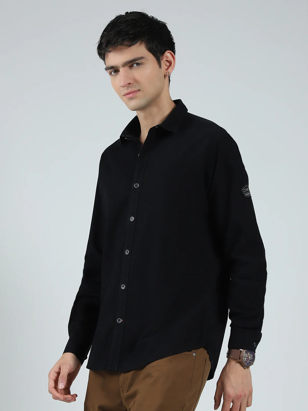 Men Black Solid Collar Full Sleeve Shirt - Image 3