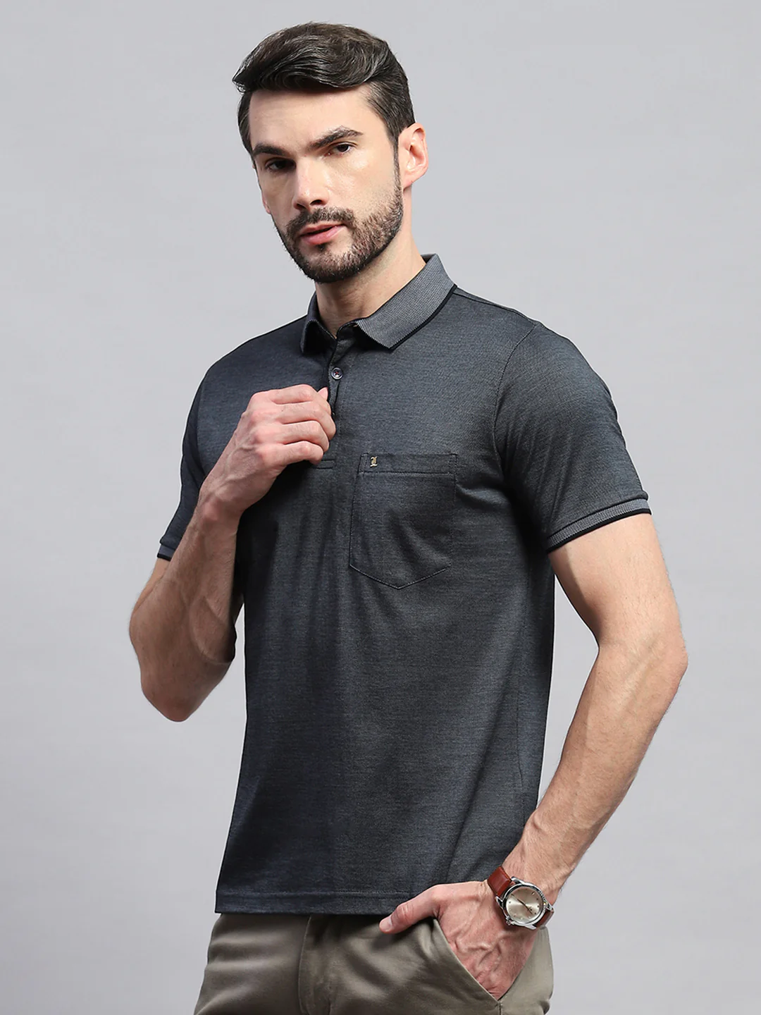 Men Black Solid Collar Half Sleeve T-Shirt - Image 3