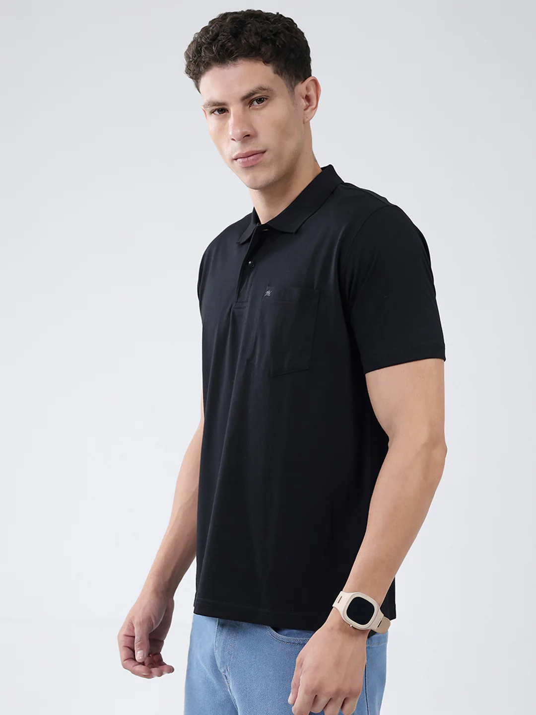 Men Black Solid Collar Half Sleeve T-Shirt - Image 3