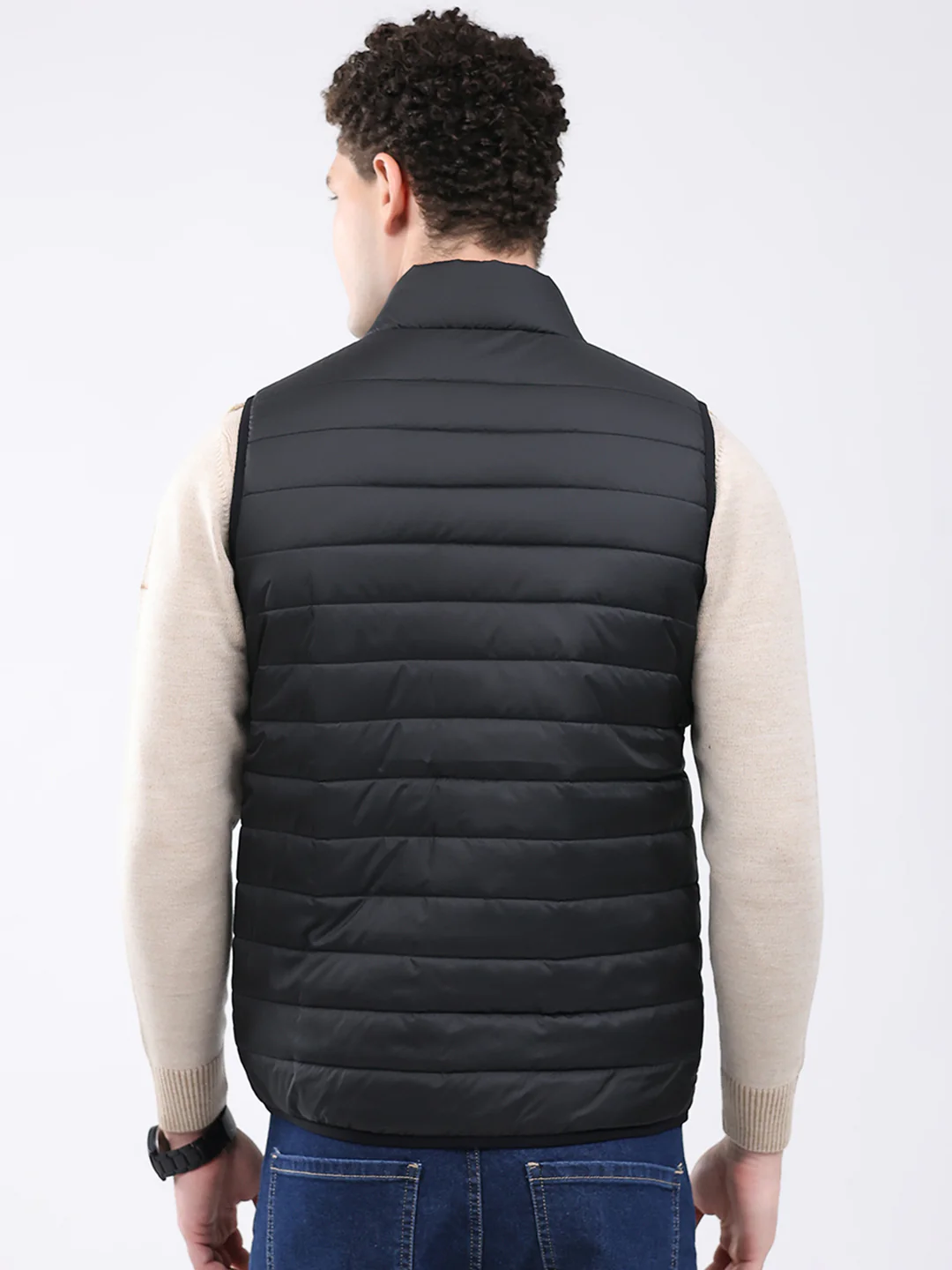 Men Black Solid Collar Sleeveless Jacket - Image 5