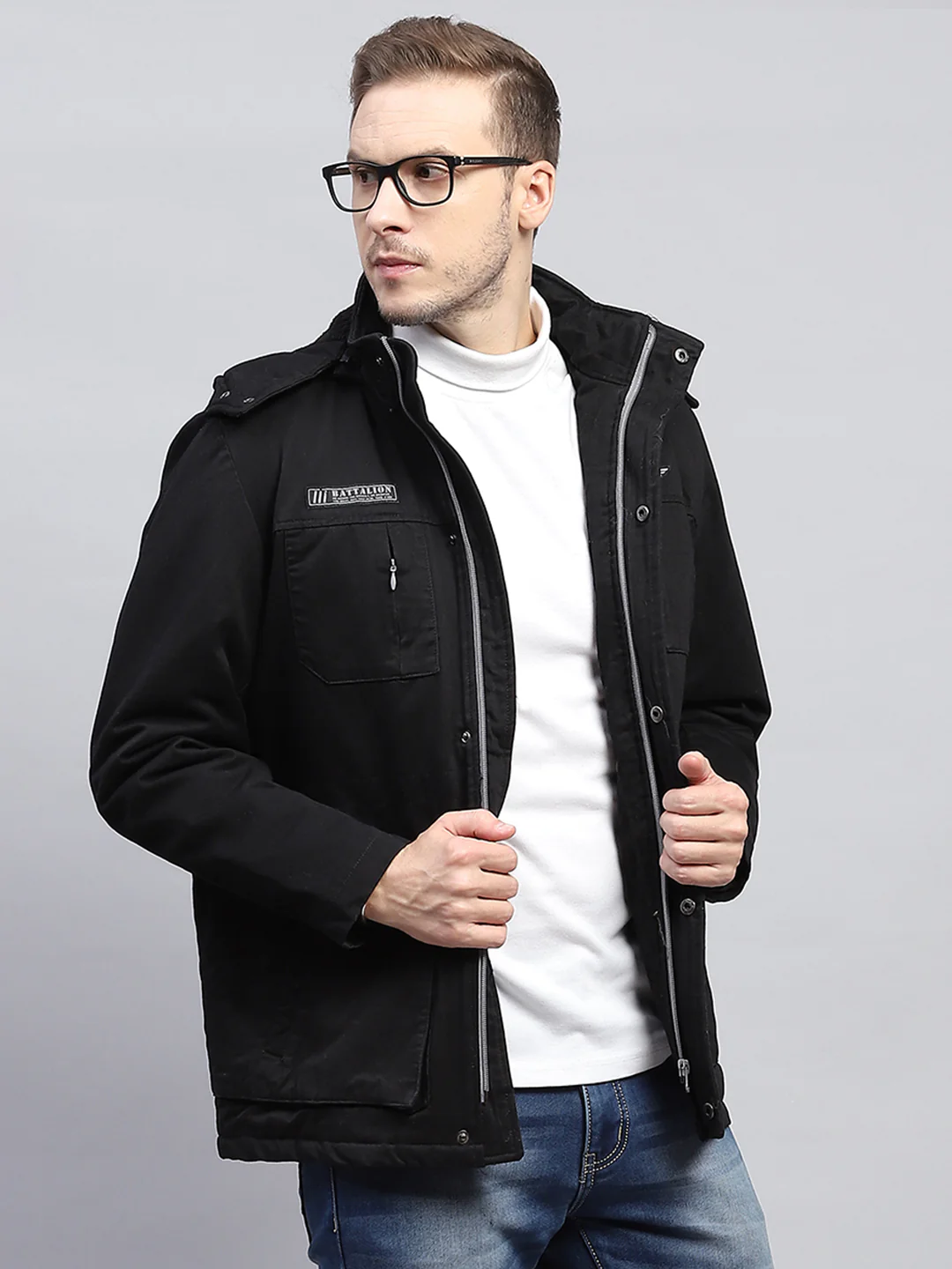 Men Black Solid Detachable Hood Full Sleeve Jacket - Image 6