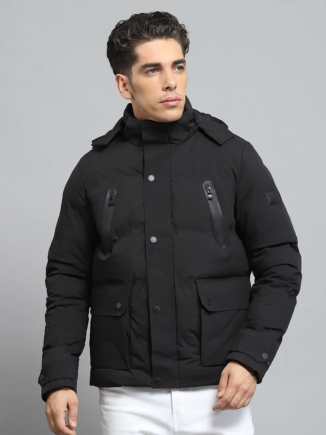 Men Black Solid Detachable Hood Full Sleeve Jacket