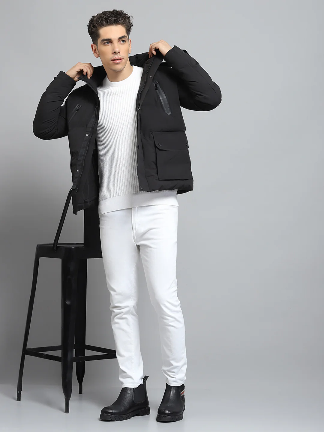 Men Black Solid Detachable Hood Full Sleeve Jacket - Image 2