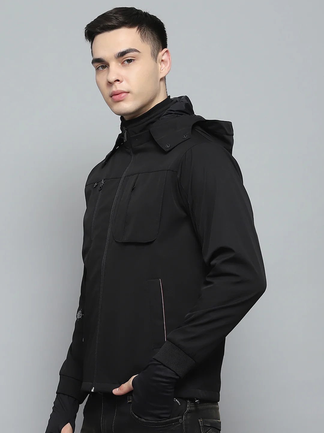 Men Black Solid Detachable Hood Full Sleeve Jacket - Image 3