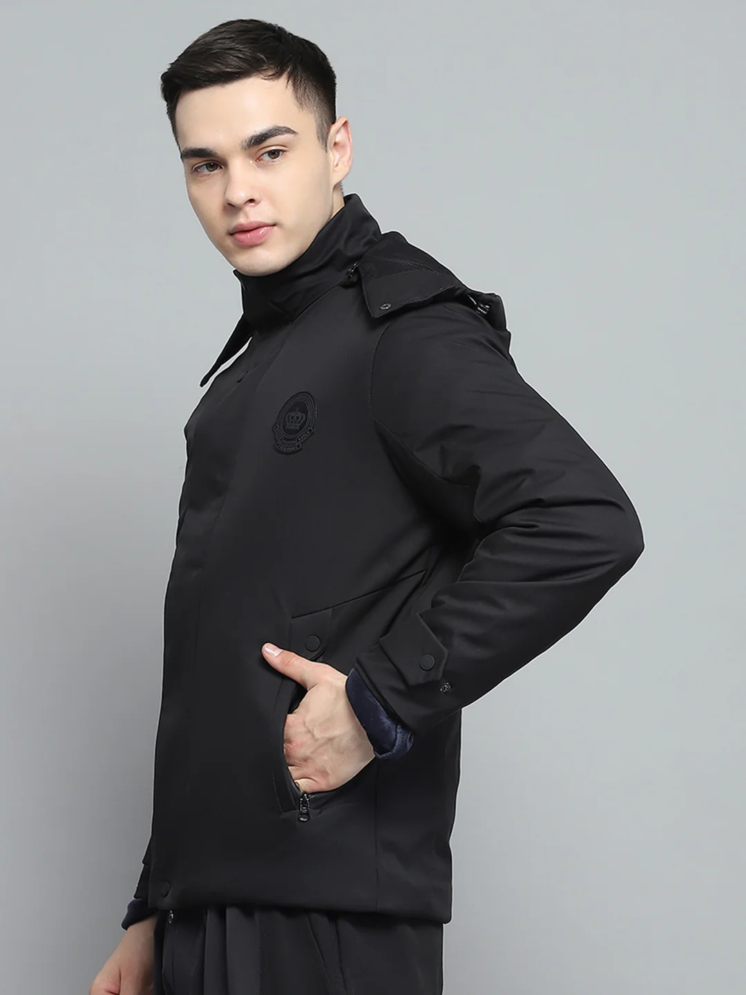 Men Black Solid Detachable Hood Full Sleeve Jacket - Image 3