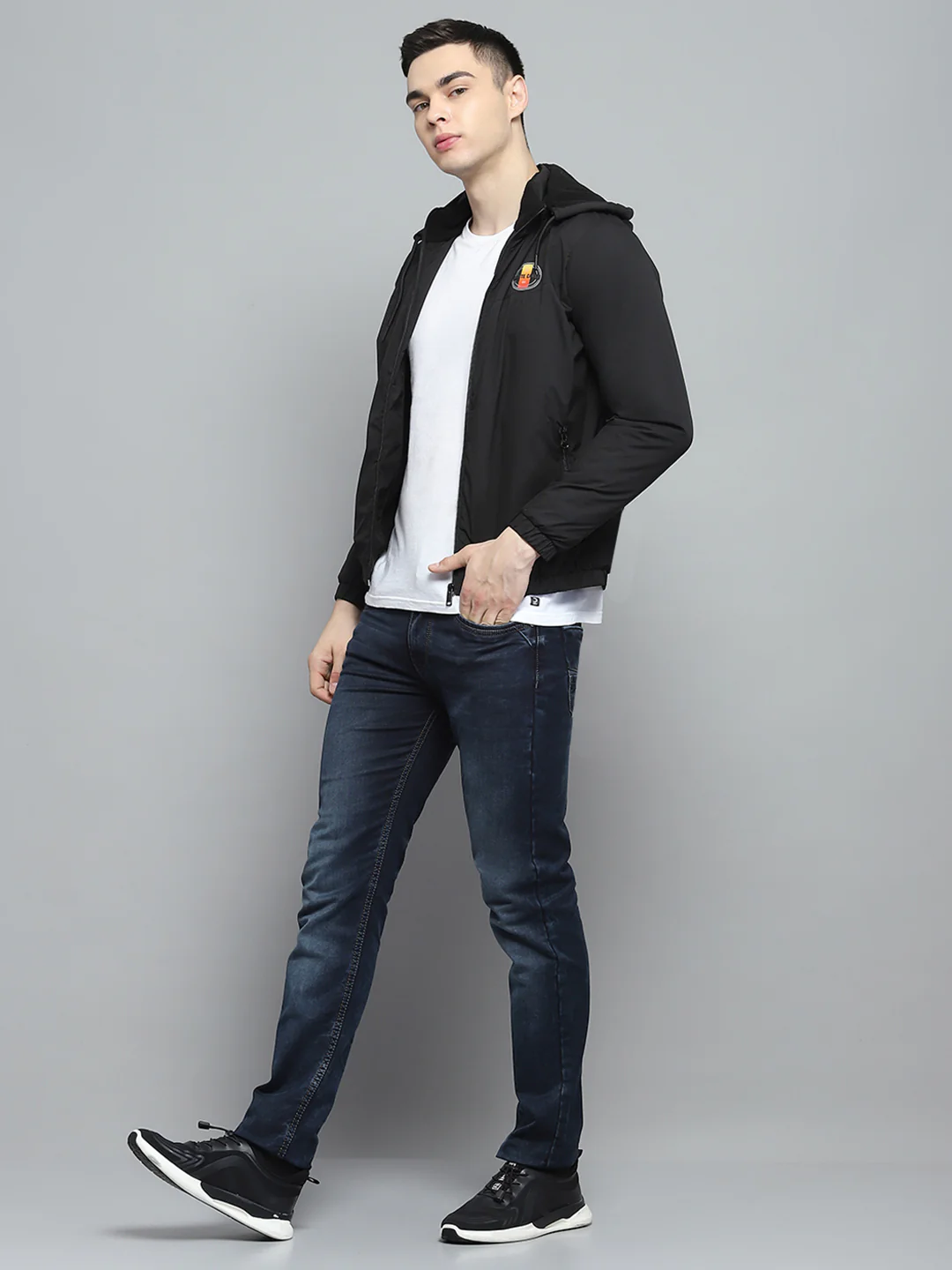 Men Black Solid Detachable Hood Full Sleeve Jacket - Image 2