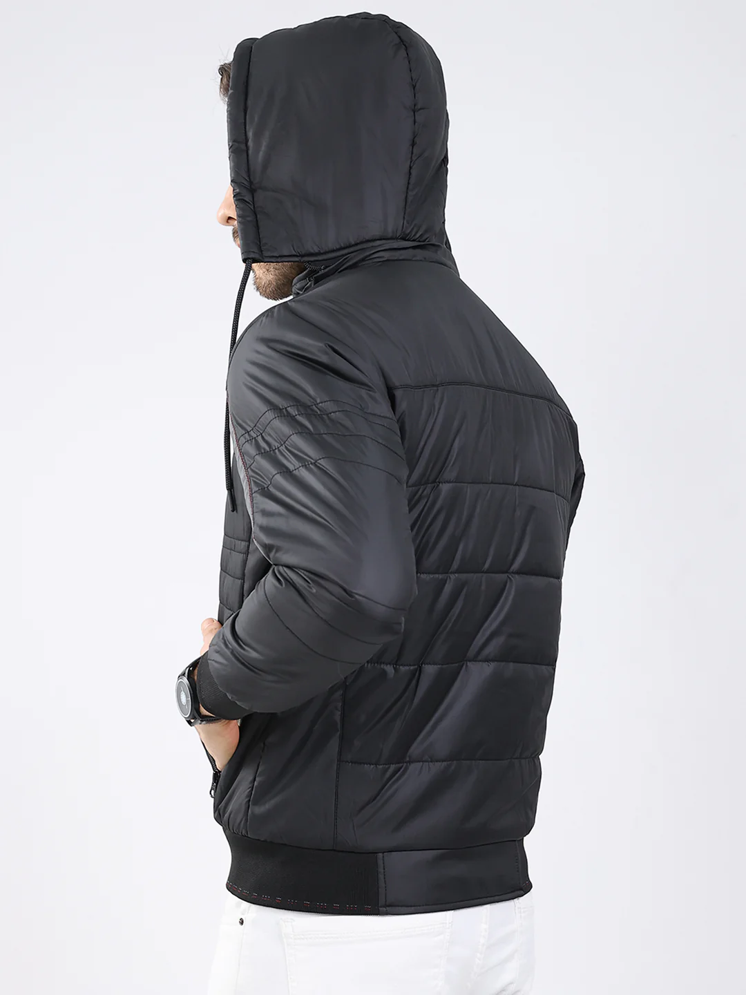 Men Black Solid Detachable Hood Full Sleeve Jacket - Image 5