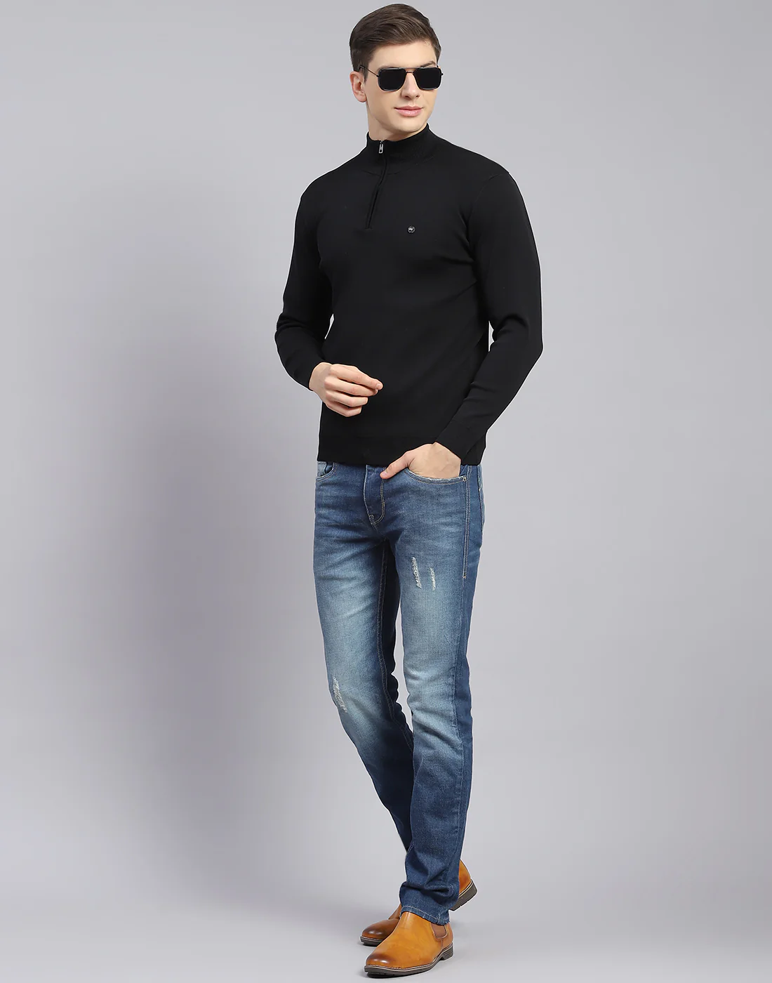 Men Black Solid H Neck Full Sleeve Sweater - Image 2
