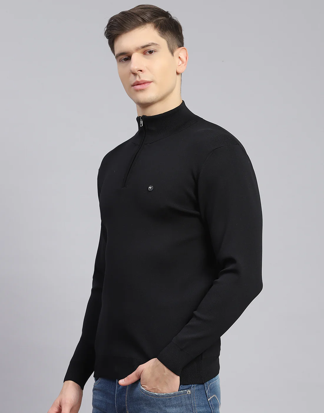 Men Black Solid H Neck Full Sleeve Sweater - Image 4