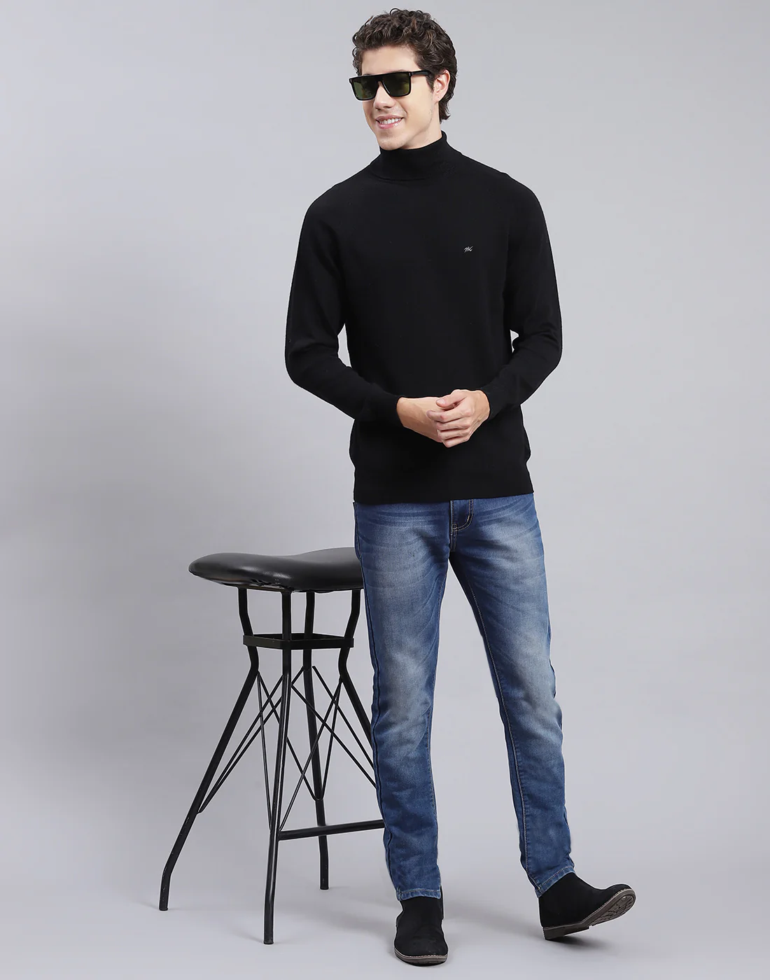 Men Black Solid High Neck Full Sleeve Pullover - Image 2