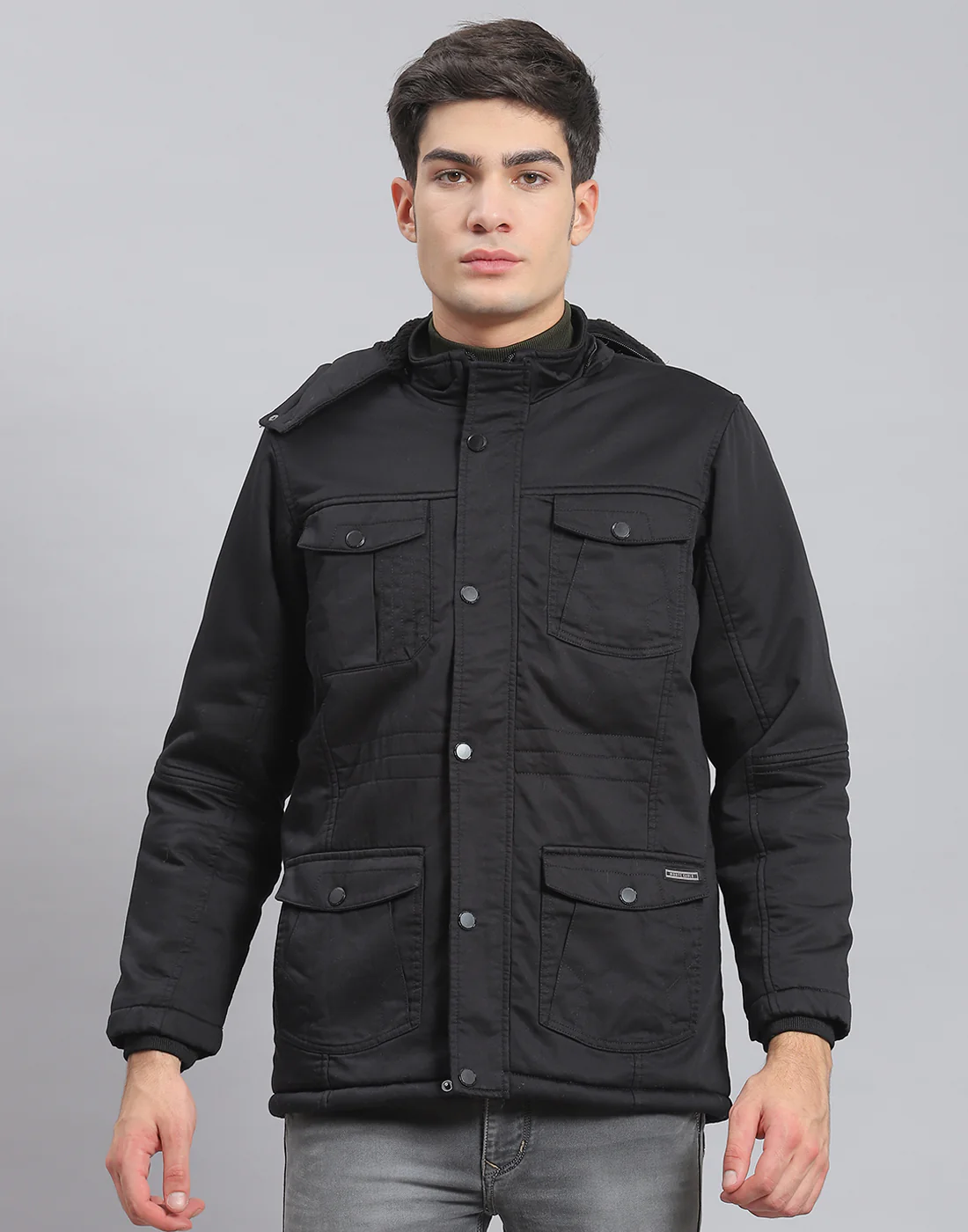 Men Black Solid Hooded Full Sleeve Jacket - Image 2