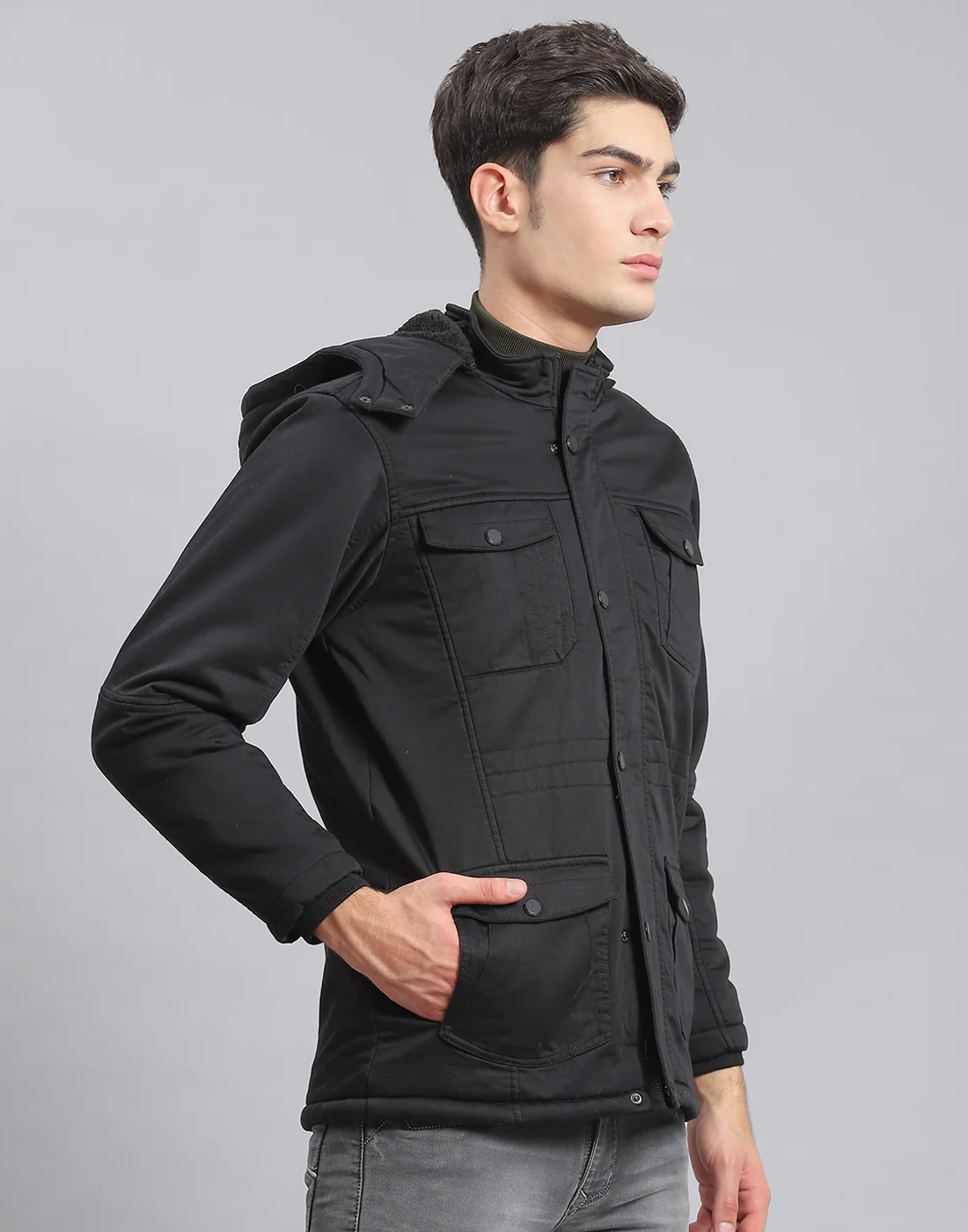 Men Black Solid Hooded Full Sleeve Jacket - Image 4