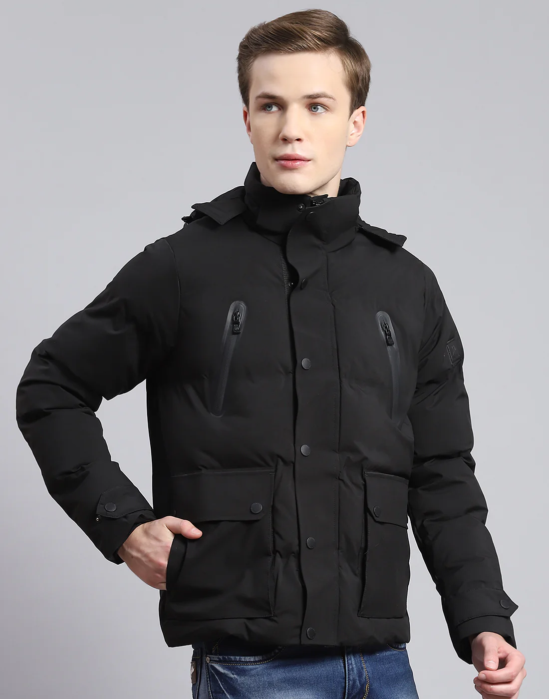 Men Black Solid Hooded Full Sleeve Jacket - Image 4