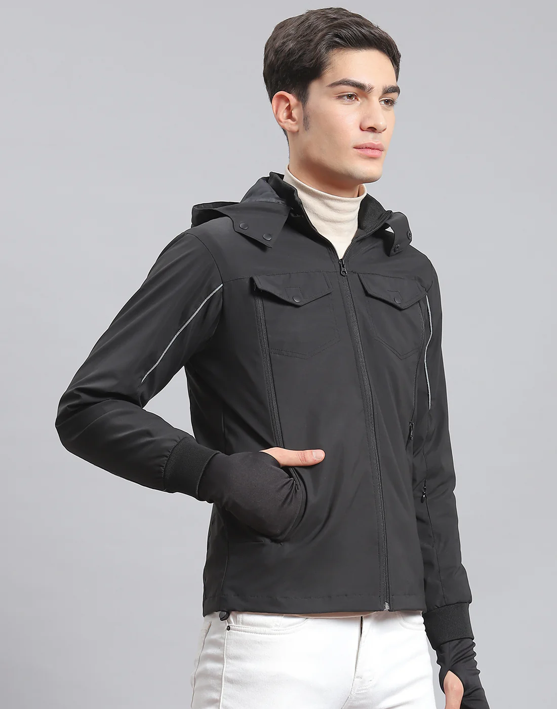 Men Black Solid Hooded Full Sleeve Jacket - Image 4
