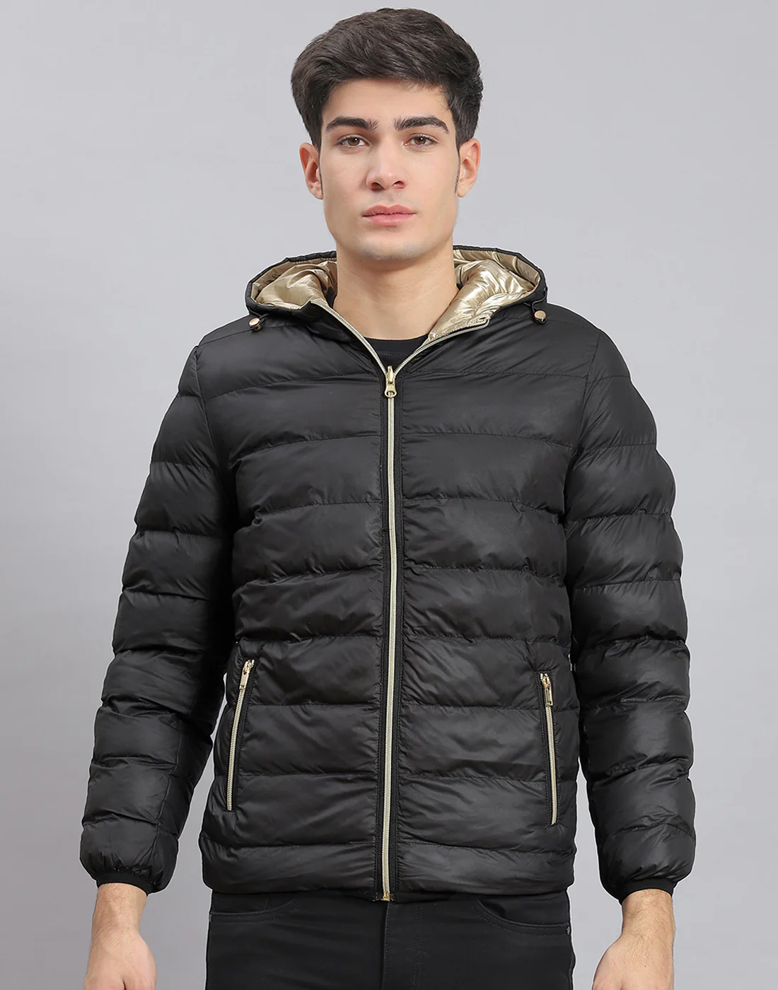 Men Black Solid Hooded Full Sleeve Jacket - Image 2