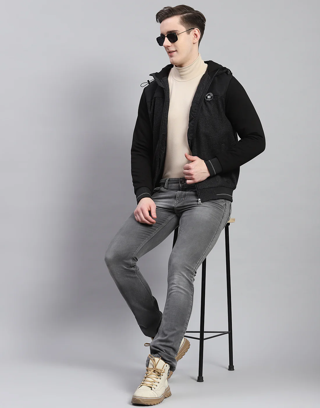 Men Black Hooded Jacket with Attached Inflatable Neck Pillow