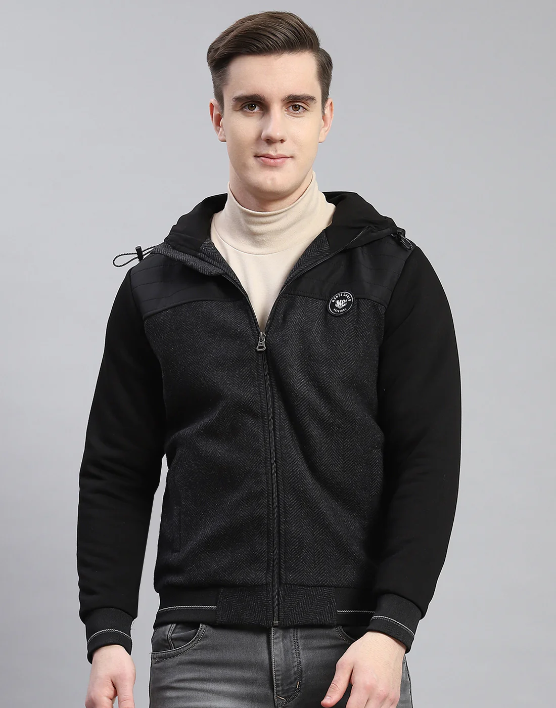 Men Black Hooded Jacket with Attached Inflatable Neck Pillow - Image 2
