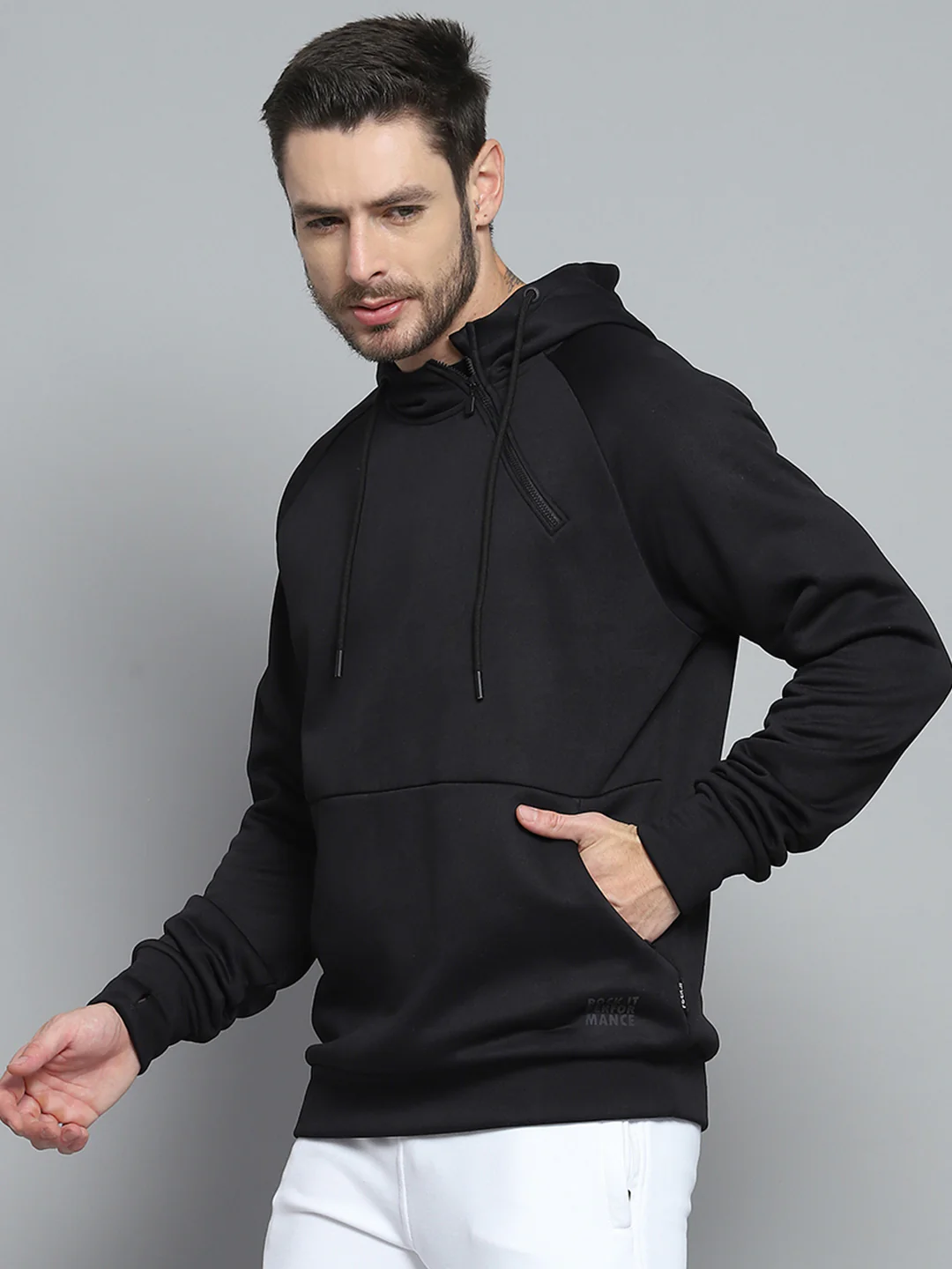 Rock.it Men Black Solid Hooded Full Sleeve Sweatshirt - Image 3