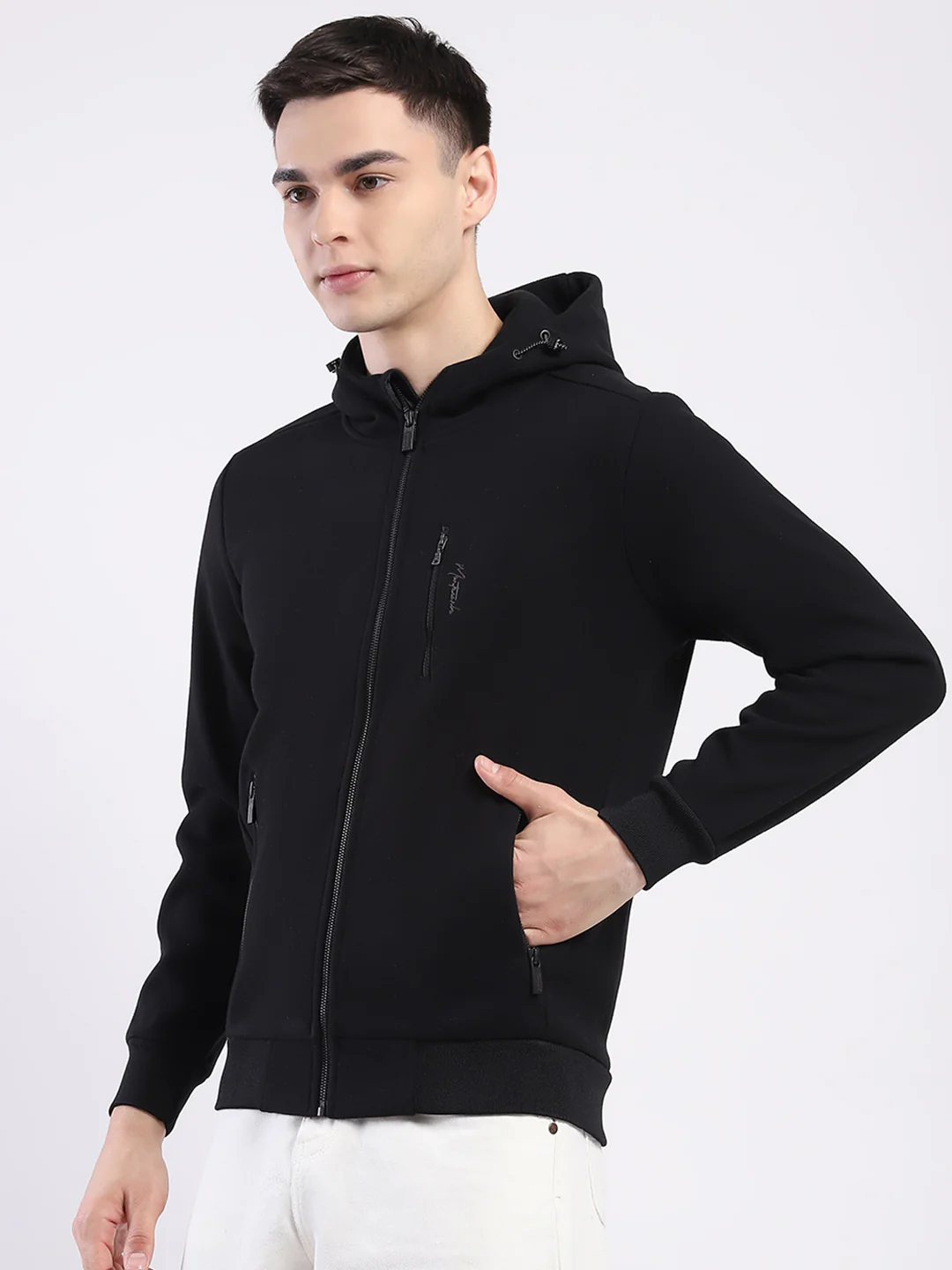 Men Black Solid Hooded Full Sleeve Sweatshirt - Image 3