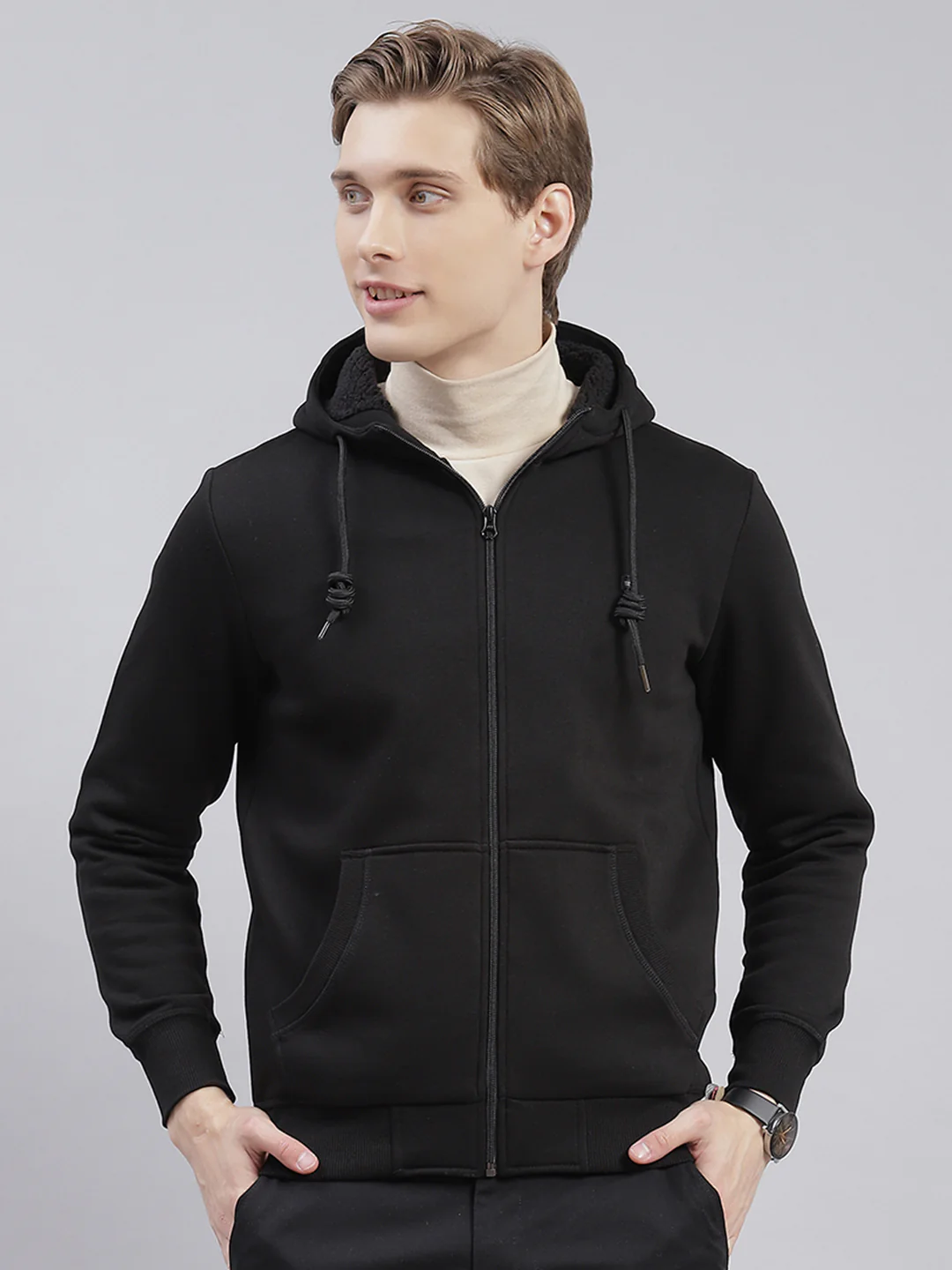 Men Black Solid Hooded Full Sleeve Sweatshirts - Image 2