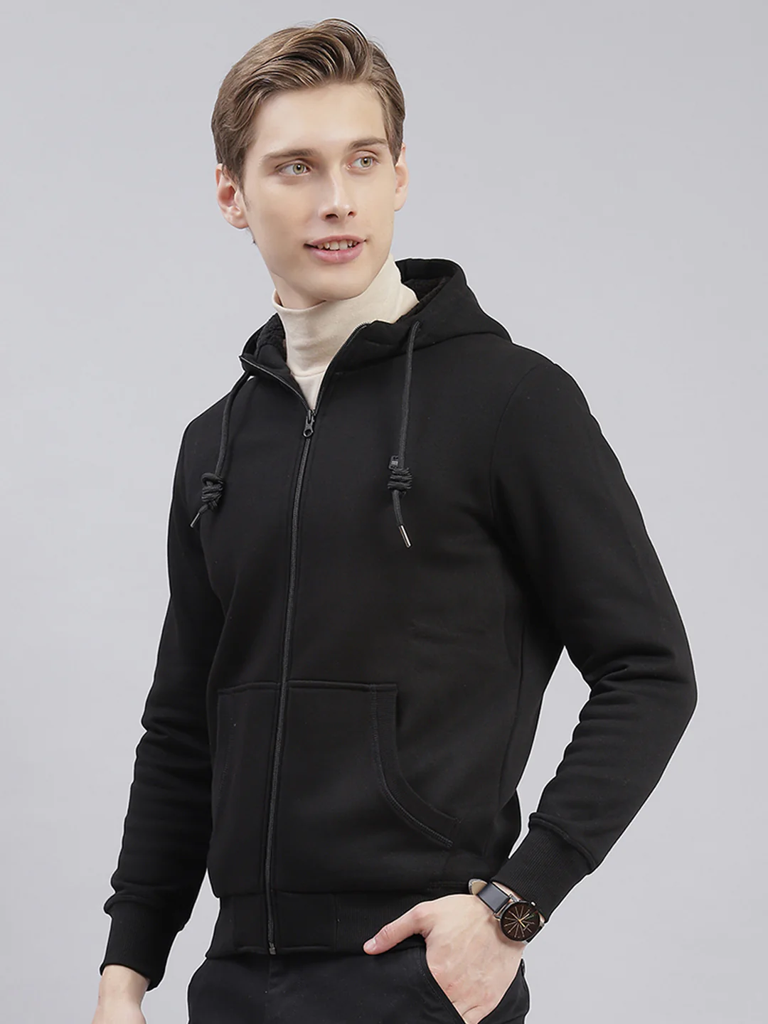 Men Black Solid Hooded Full Sleeve Sweatshirts - Image 3