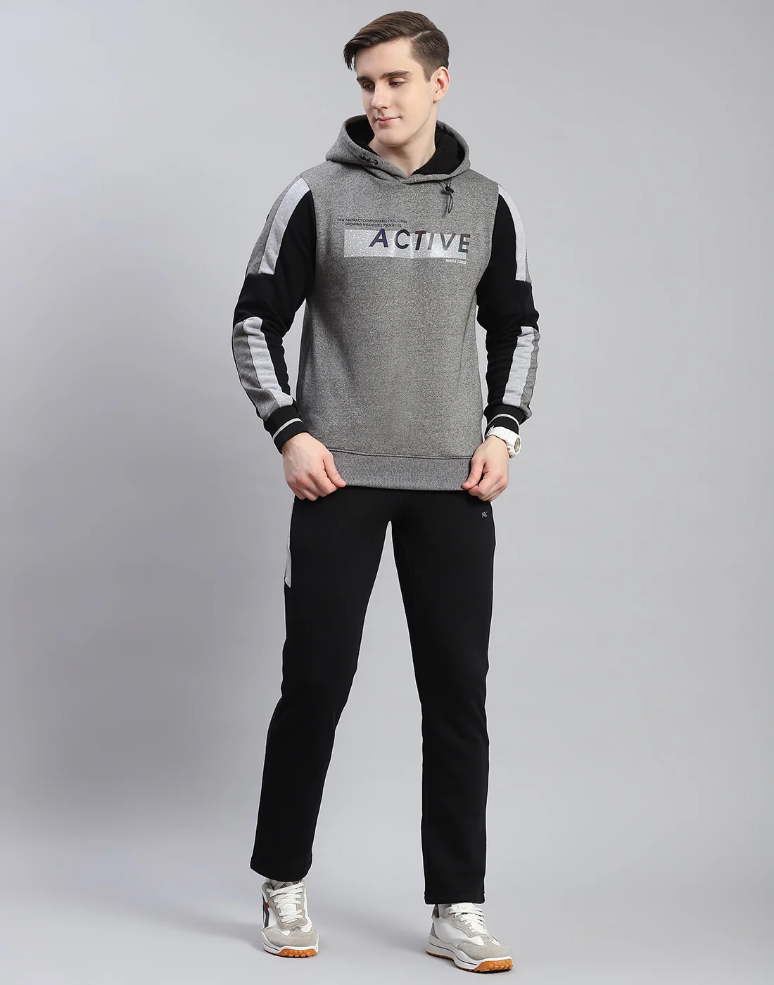 Men Grey & Black Solid Hooded Full Sleeve Tracksuit