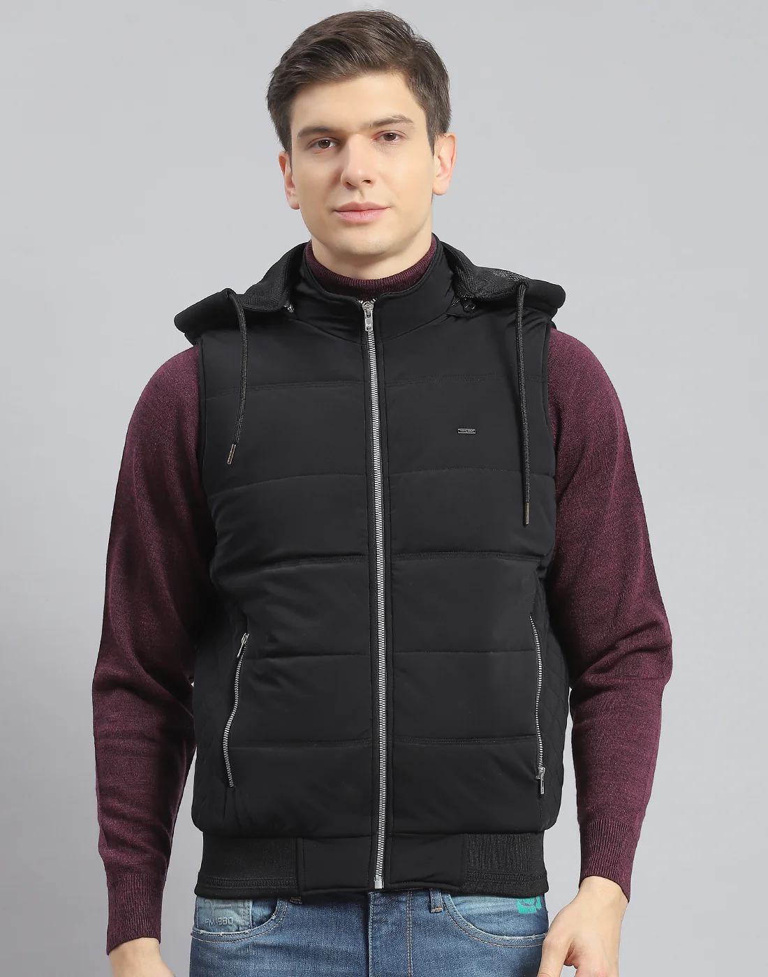 Men Black Solid Hooded Sleeveless Jacket - Image 2