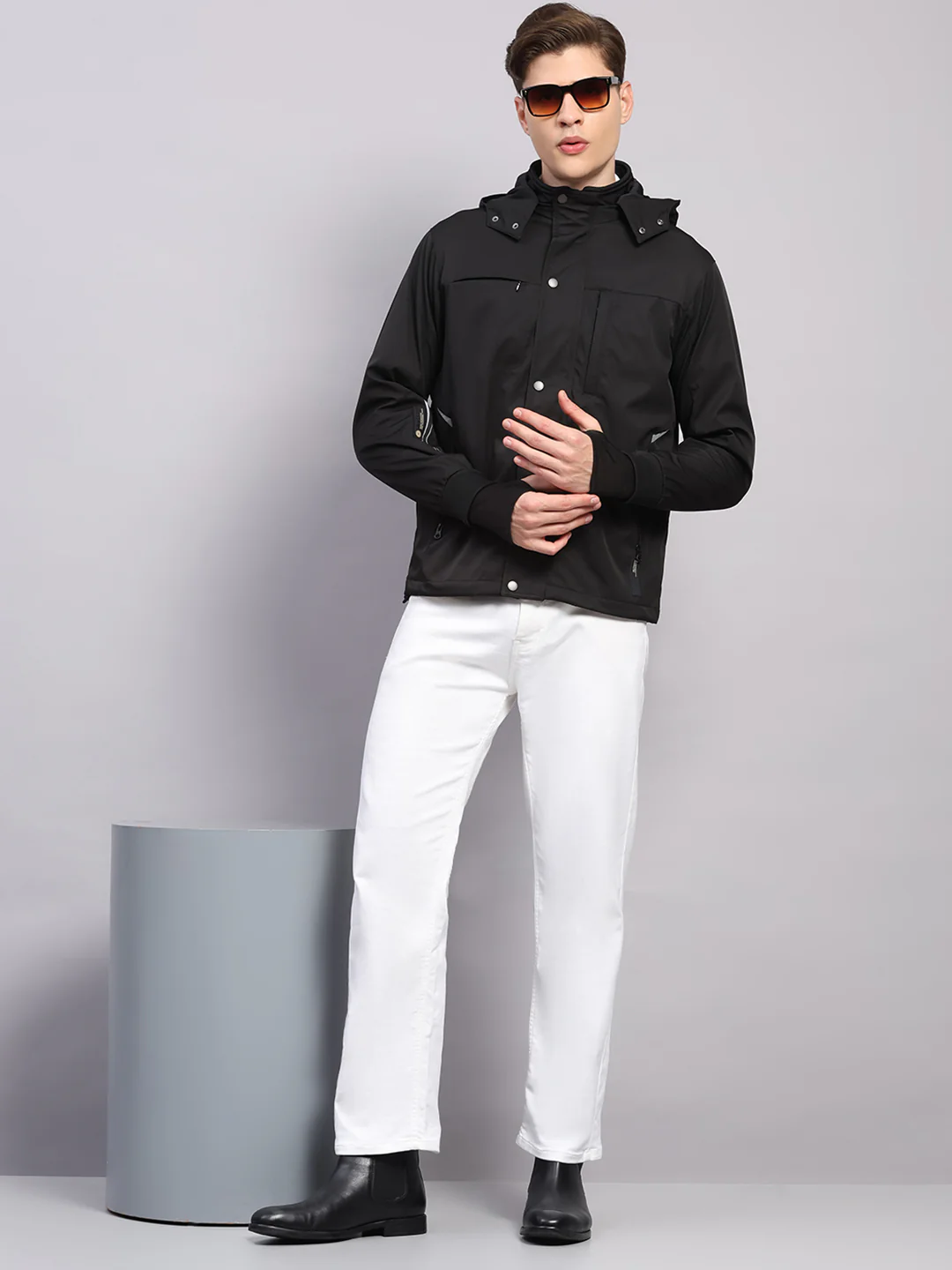 Men Black Solid Hooded Traveller Jacket With Night Visibility Reflective Strip - Image 2