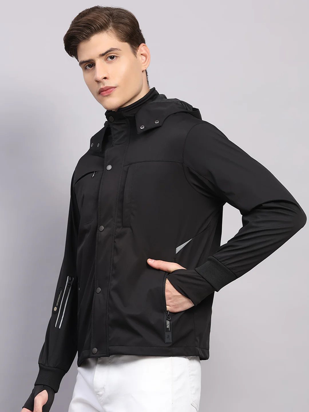 Men Black Solid Hooded Traveller Jacket With Night Visibility Reflective Strip - Image 3