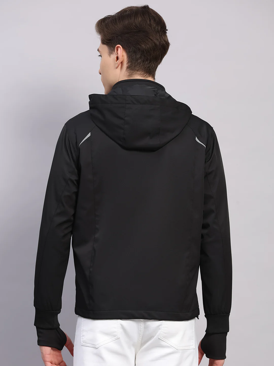 Men Black Solid Hooded Traveller Jacket With Night Visibility Reflective Strip - Image 5