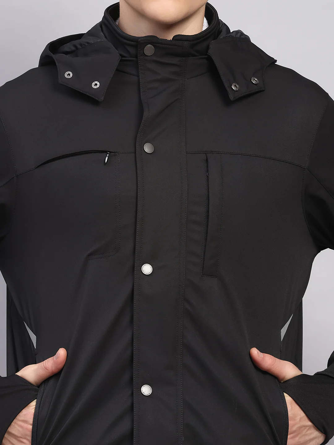 Men Black Solid Hooded Traveller Jacket With Night Visibility Reflective Strip - Image 6