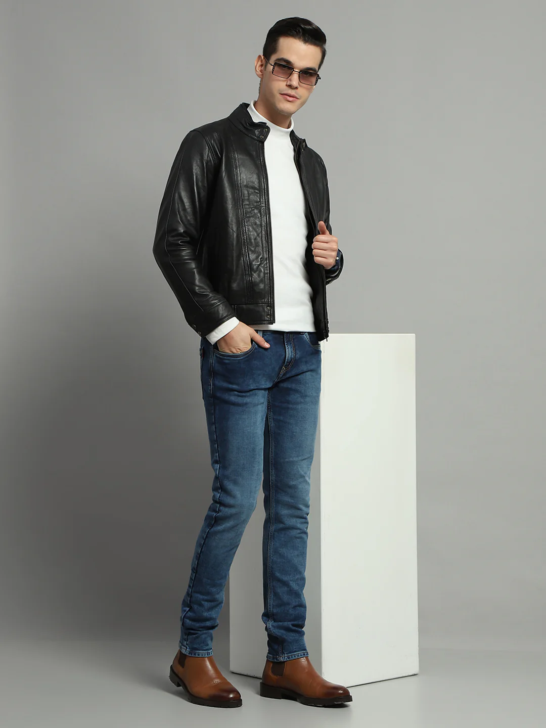 Luxuria Men Black Solid Mock Neck Full Sleeve Leather Jacket - Image 2
