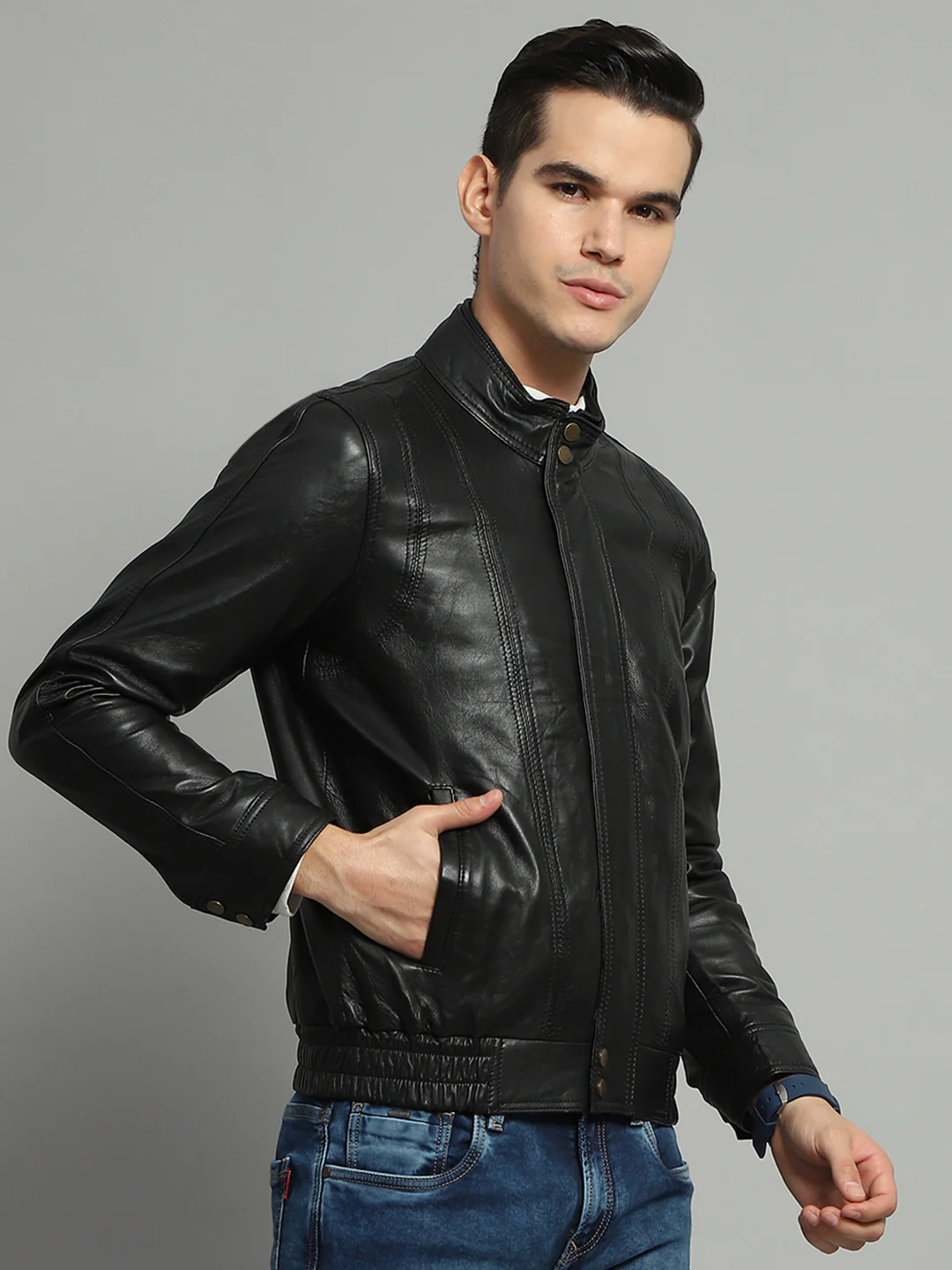 Luxuria Men Black Solid Mock Neck Full Sleeve Leather Jacket - Image 4