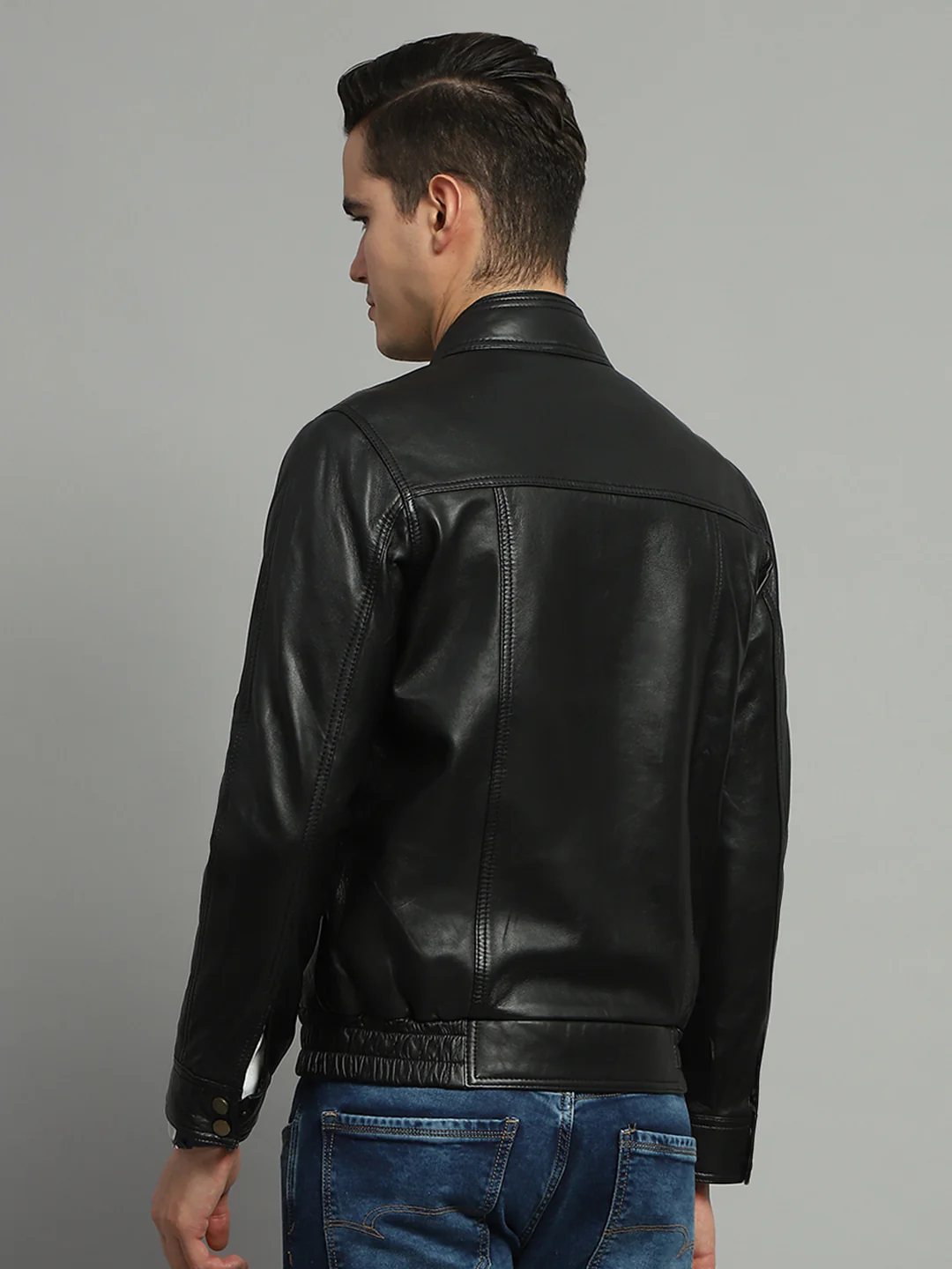 Luxuria Men Black Solid Mock Neck Full Sleeve Leather Jacket - Image 5
