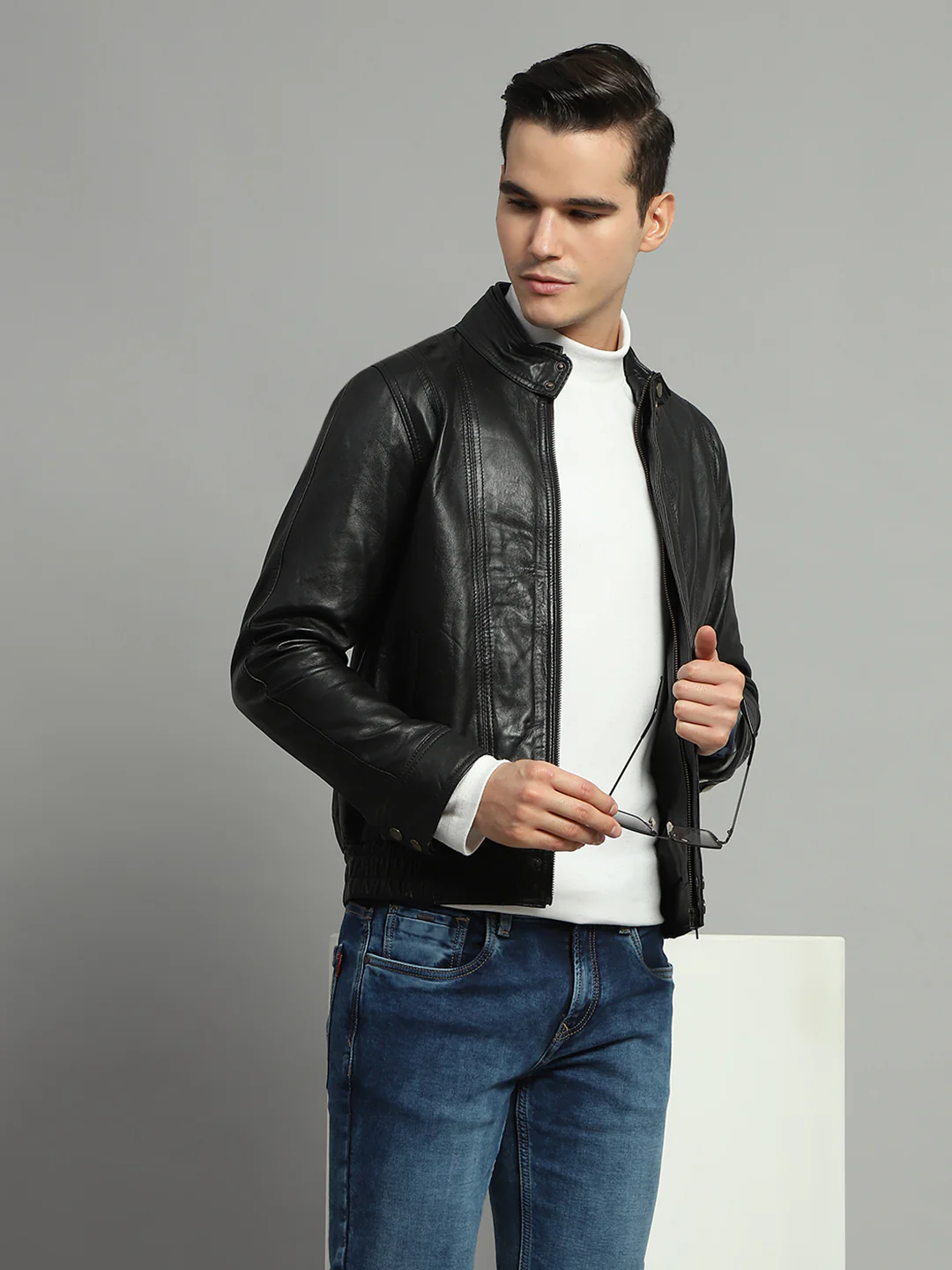 Luxuria Men Black Solid Mock Neck Full Sleeve Leather Jacket - Image 6