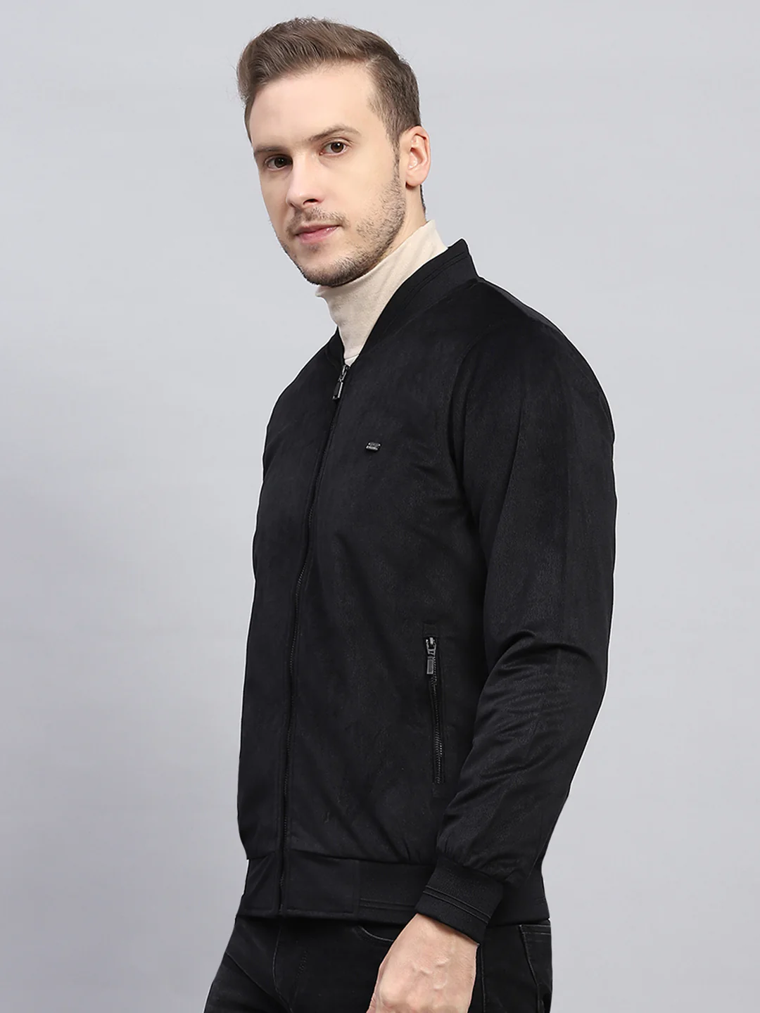 Men Black Solid Mock Neck Full Sleeve Jacket - Image 3