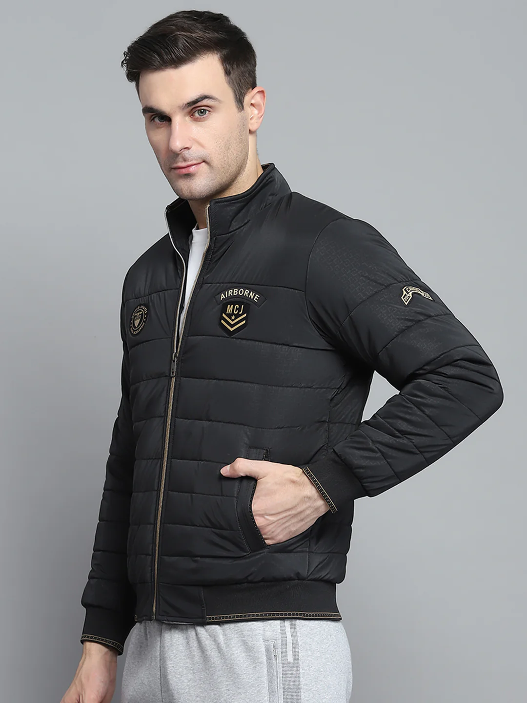 Men Black Solid Mock Neck Full Sleeve Jacket - Image 3